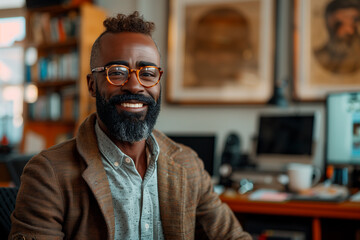 Confident african american male professional with a beard in a well-lit office.