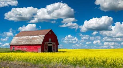 Obraz premium Vibrant Red Barn in Yellow Canola Field, Agricultural Beauty