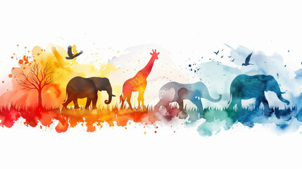 World Habitat wildlife day, watercolor art of endangered species of animals, world Forest and biodiversity. Earth Day or World Wildlife Day concept. Biodiversity. Environmental protection.