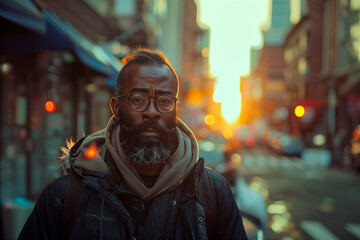 A contemplative man in winter clothing on a busy city street as the sun sets.