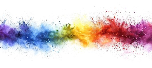 Rainbow colorful paint color powder explosion on white, wide background
