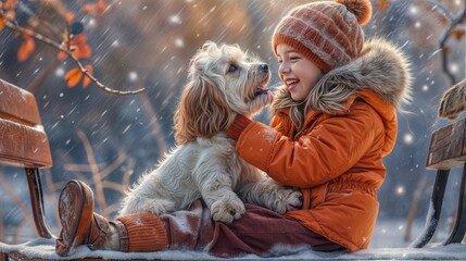 Boy Playing with dog in snow