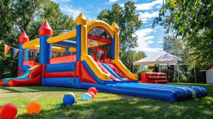 A birthday party with a bounce house and inflatable slide. 