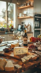 Cozy kitchen scene with cheese and wine