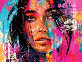 Close-up digital art of a modern chic girl, capturing the city pop vibe with vibrant colors and a detailed, animated expression, set against a backdrop of digital abstraction
