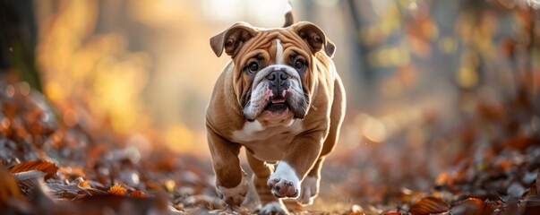 English bulldog running through autumn leaves - obrazy, fototapety, plakaty
