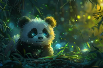 Fototapeten An enchanting scene of a cute panda with sparkling eyes, engaging in fantastical exploits, blending magic realism  © nattasit