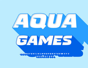 Fototapeta premium Vector advertising banner Aqua Games. Trendy Font with Big Blue Shadow. Unique Bright Alphabet Letters and Numbers set.