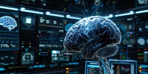 study of the human brain using artificial technology, scientific presentations, tech-themed artwork, or educational materials on brain research