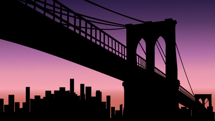 Brooklyn Bridge landscape, flat color illustration