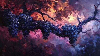In the dim glow, red wine whispers tales of yore near a timeworn snag, with blue grapes as silent witnesses - obrazy, fototapety, plakaty