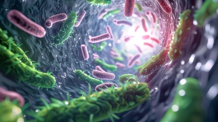 Representation of a diverse gut microbiome with different beneficial bacteria. - obrazy, fototapety, plakaty