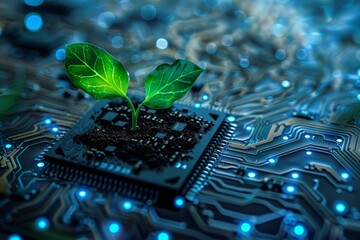 Green plant on computer circuit board, innovation and sustainability concept.