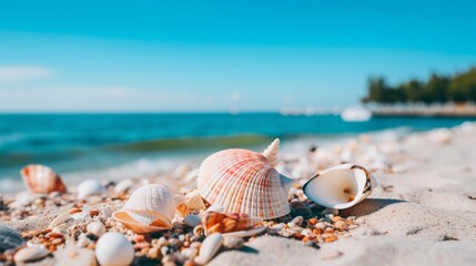 Tranquil coastal beauty with shells on sandy beach, a serene scene evoking travel wanderlust - obrazy, fototapety, plakaty