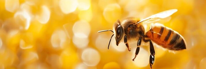 Honeybee in sharp focus on a golden honeycomb background with ample space for text - obrazy, fototapety, plakaty