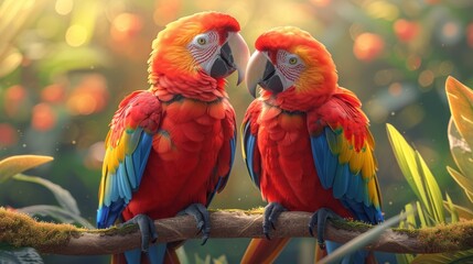 Two scarlet macaws perched on a branch