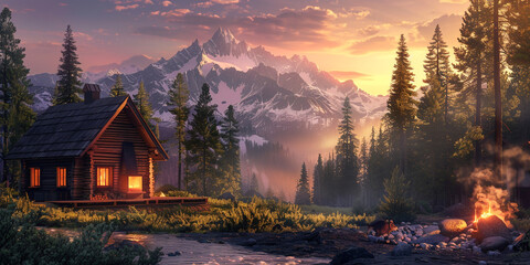 sunset in the mountains, A image of a cozy mountain cabin surrounded by pine trees, with a warm fire burning in the fireplace and snow-capped peaks in the distance - obrazy, fototapety, plakaty