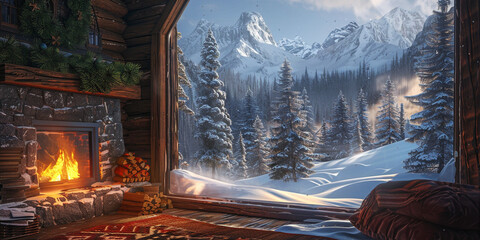 A image of a cozy mountain cabin surrounded by pine trees, with a warm fire burning in the fireplace and snow-capped peaks in the distance