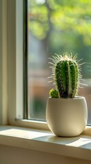 Cactus in a white pot on a window sill with sunlight