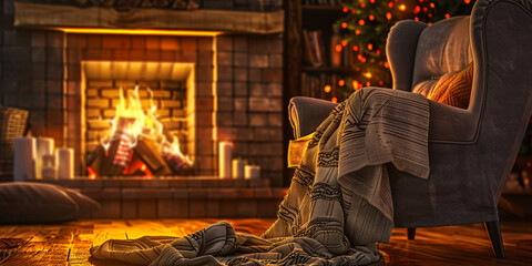 A image of a cosy fireplace scene with a crackling fire, comfortable armchairs, and blankets, creating a warm and inviting atmosphere