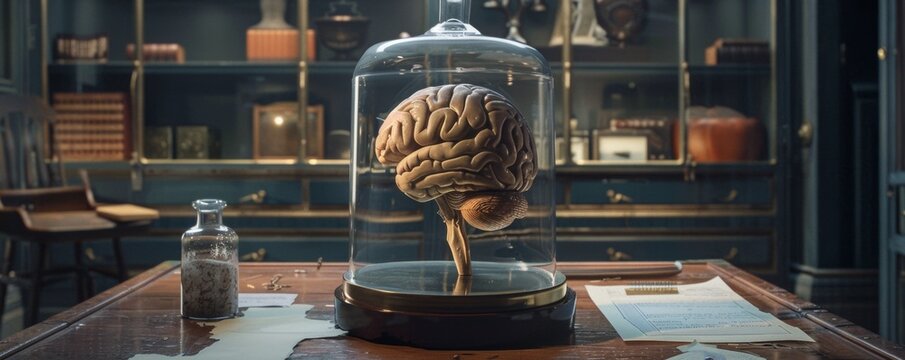 Human brain displayed in glass bell jar on vintage desk