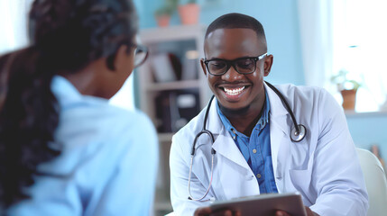 a handsome africa american man doctor wearing white coat, smiling while having conversation with patient.