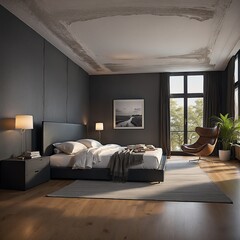 Modernes Schlafzimmer. Generative AI Technologie - obrazy, fototapety, plakaty