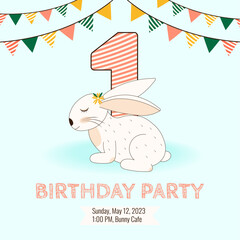 One Birthday party invitation with cute baby bunny