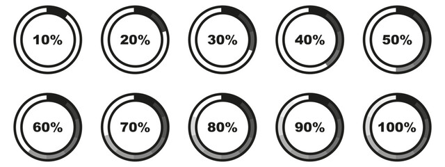 Circle loading and circle progress collection. Set of circle percentage diagrams for infographics, 0 10 20 30 40 50 60 70 80 90 100 percent.