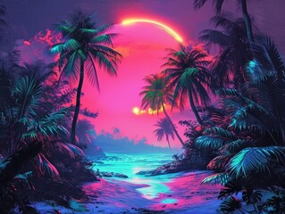 Fototapeta na wymiar Image retro-style featuring a neon-lit tropical landscape. The scene is vividly brought to life with a bright, neon-infused depiction of tropical trees. Neon aesthetics and nostalgic. AI.