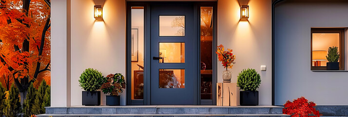 The Quintessence of Home: A Charming Entrance with a Traditional Wooden Door, Inviting Warmth and Elegance into a Classic Residence - obrazy, fototapety, plakaty
