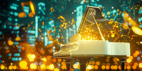 Music jazz banner with Grand piano with notes floating amidst a evening cityscape, embodies fusion...