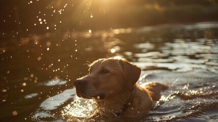 Serene Swim: A Golden Retriever's Sunset Adventure in Nature - Generative AI