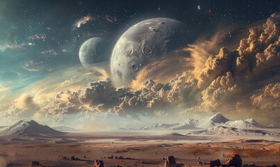 Alien desert planet with two moons in the sky. Sci fi concept art space adventure game