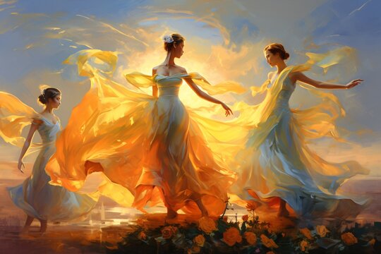 a couple of women in dresses dancing