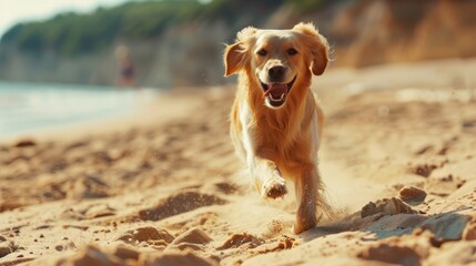 Joyful Sprint Along the Shore: Golden Retriever Embraces Beachside Fun - Generative AI