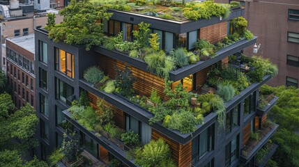 Exploring metropolitan areas through green rooftop gardens, capturing sustainable urban development from a wide angle perspective.