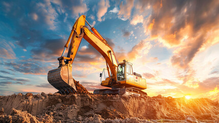 Excavator at a construction site at work against the sky background - obrazy, fototapety, plakaty