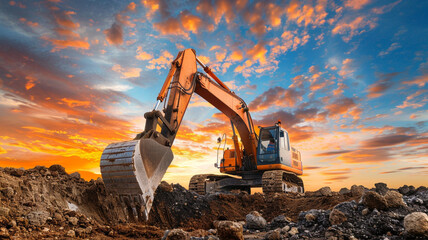 Excavator at a construction site at work against the sky background - obrazy, fototapety, plakaty