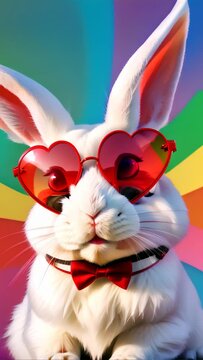 A whimsical portrait of a white bunny with vibrant heart-shaped sunglasses, set against a colorful striped background.