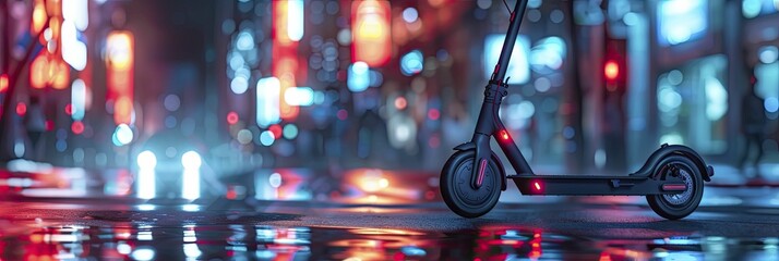 Electric scooter in an urban environment, wide angle showcasing the design and mobility on city streets. - obrazy, fototapety, plakaty