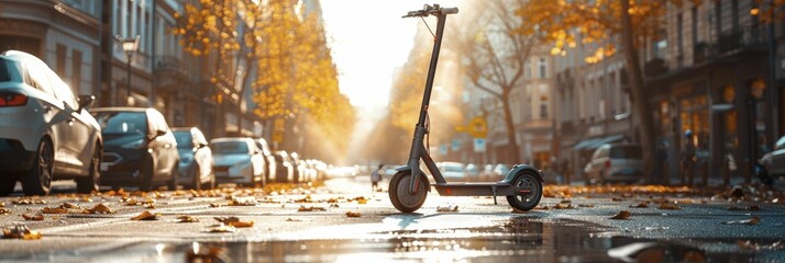 Capturing the sleek design and effortless mobility of an electric scooter through a wide-angle lens in a bustling urban setting.