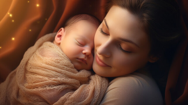 happy mom carry infant for sleeping