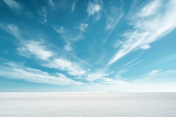 Vast white salt flats stretch out under a sweeping sky with wispy clouds, conveying openness and serenity. - obrazy, fototapety, plakaty