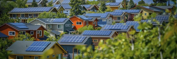 Community solar power projects, pulled back view of panels with neighborhood homes.