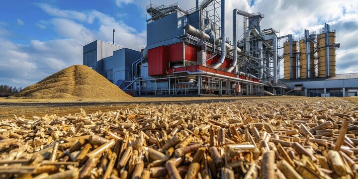 Capturing the expansive scene of a biomass energy production facility, with raw materials prominently displayed in the foreground.