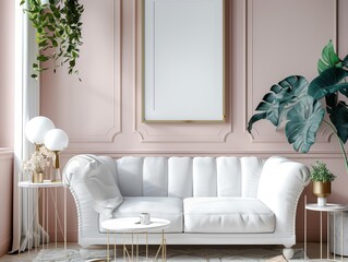 Home frame mock up in modern feminine living room interior background,