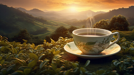 A white cup of tea on the wooden table with tea plantation background at beautiful sunrise - obrazy, fototapety, plakaty