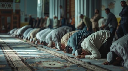 Editorial use only. Group of men kneeling on grey carpets and praying. Celebration of Ramadan (month of fasting), breaking of the fast. May 19, 2018. Kiev, Ukraine  - obrazy, fototapety, plakaty
