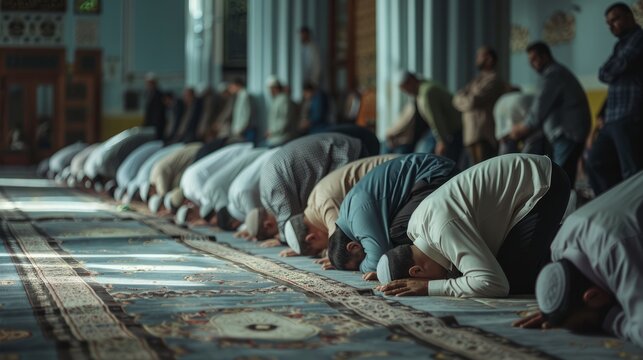 Editorial use only. Group of men kneeling on grey carpets and praying. Celebration of Ramadan (month of fasting), breaking of the fast. May 19, 2018. Kiev, Ukraine 